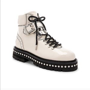 Lola Cruz Cream Patent Moto Boots